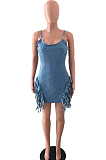 Ligth Blue Tassel Fashion Sling Package Buttocks Slim Fitting Dress JLX3003