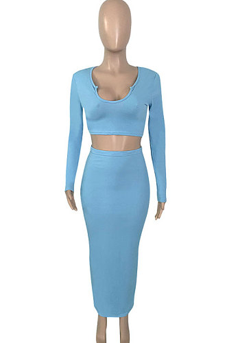 Sky Blue Women Sexy V Neck Long Sleeve Short Top Skirts Sets Q911-1