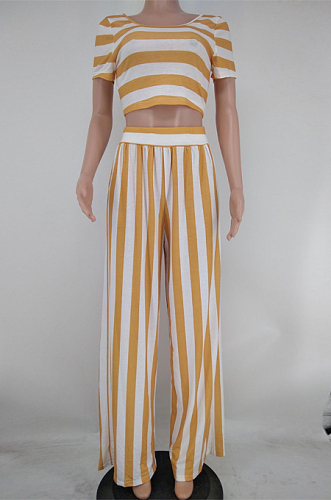 Orange Euramerican Fashion Midriff Stripe Wide Legged Pants Two Piece X9310-1