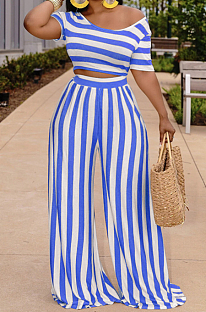 Blue Euramerican Fashion Midriff Stripe Wide Legged Pants Two Piece X9310-3