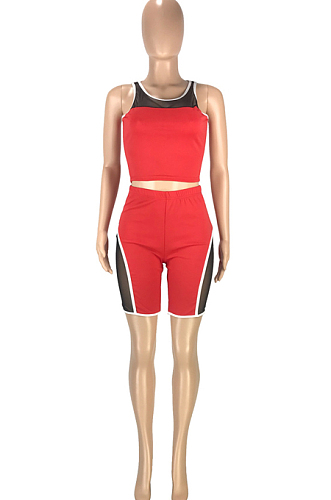 Red Fashion Casual Net Yarn Splied Brace Perspective Vest Shorts Two Piece SM9190-2
