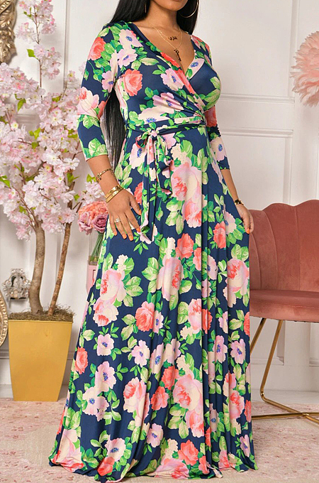 Navy Blue Euramerican Fashion Print V Neck Simple Giant Swing Long Dress X9316-1