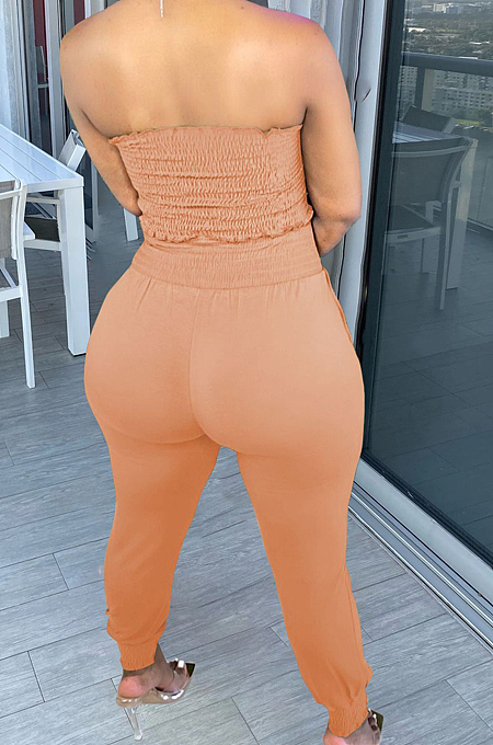 Light Orange Fashion Sexy Pure Color Boot Tube Top Long Pants Two Piece TRS1163-3