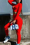 Red Casual Pure Color Zipper Long Sleeve Tight Pants Sports Sets X9311-1