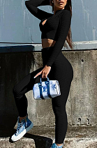 Black Casual Pure Color Zipper Long Sleeve Tight Pants Sports Sets X9311-3