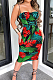 Red Green Print Casaul High Waist Bind Sexy Sling Dress TRS1162-1