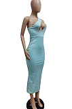 Light Blue Sexy Inclined Shoulder Backless Dress E8603
