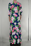 Navy Blue Euramerican Fashion Print V Neck Simple Giant Swing Long Dress X9316-1