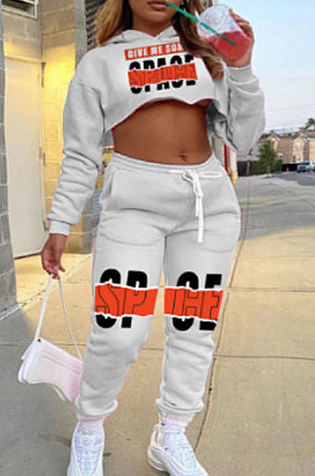 Casual Hoodie Print Long Sleeve Top Pants Two Piece LYL831