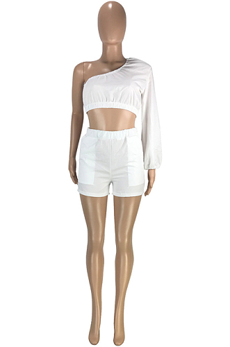 White Casual Sexy Pure Color Pocket Loose The Side Long Sleeve Shorts Sets SM9191-1