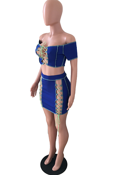 Blue Euramerican Pure Color Irregularity Drawsting Two Piece JLX5802-4