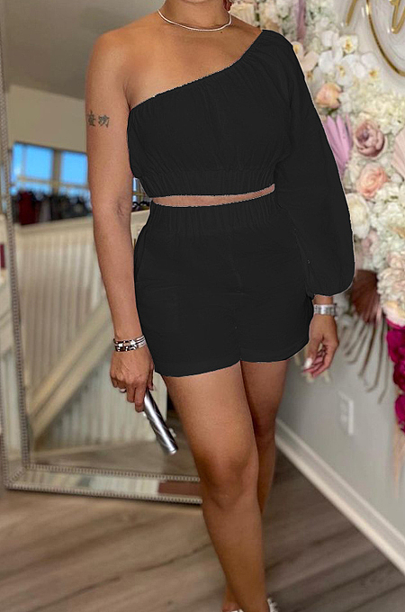 Black Casual Sexy Pure Color Pocket Loose The Side Long Sleeve Shorts Sets SM9191-2