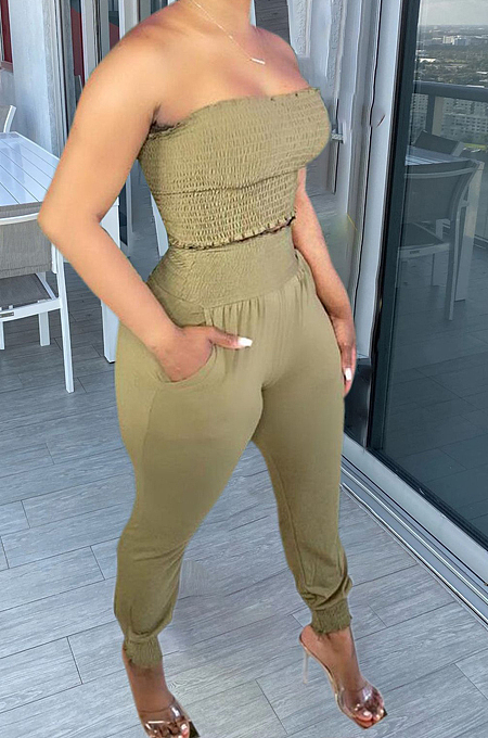 Light Green Fashion Sexy Pure Color Boot Tube Top Long Pants Two Piece TRS1163-4