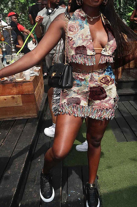 Rose Printing Tassel Vest Sleeveless Sexy Navel Exposure Tops Shorts Sets MLM9073-3