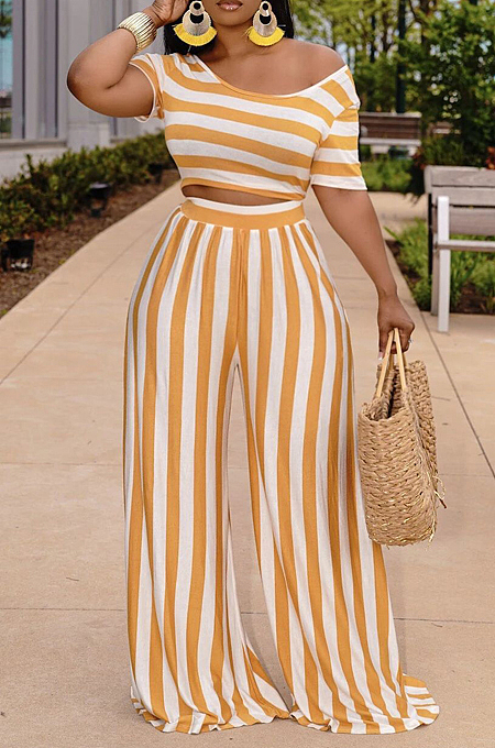 Orange Euramerican Fashion Midriff Stripe Wide Legged Pants Two Piece X9310-1