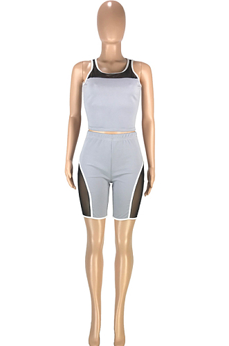 Gray Fashion Casual Net Yarn Splied Brace Perspective Vest Shorts Two Piece SM9190-1