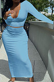 Sky Blue Women Sexy V Neck Long Sleeve Short Top Skirts Sets Q911-1