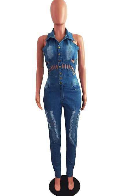 Light Blue Jeans Slim Fit Hole Hollow Out Jumpsuits JLX6898