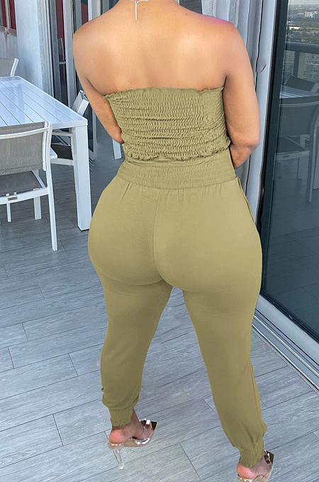Light Green Fashion Sexy Pure Color Boot Tube Top Long Pants Two Piece TRS1163-4