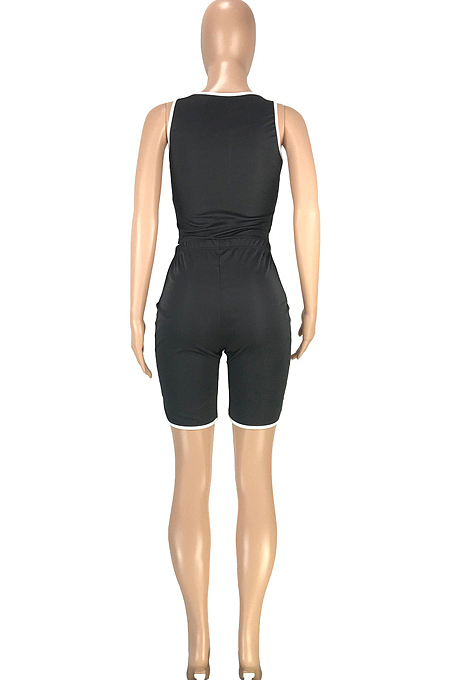 Black Fashion Casual Net Yarn Splied Brace Perspective Vest Shorts Two Piece SM9190-3