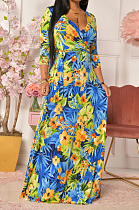 Blue Euramerican Fashion Print V Neck Simple Giant Swing Long Dress X9316-2