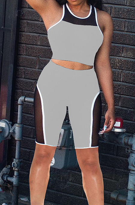 Gray Fashion Casual Net Yarn Splied Brace Perspective Vest Shorts Two Piece SM9190-1
