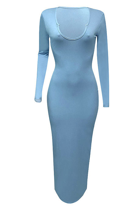 Sky Blue Women Deep V Neck Tight Sexy Long Sleeve Long Dress Q910-1