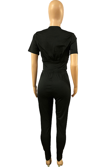 Black Collect Waist Short Sleeve Long Pants Sports Sets DMM8170-1