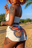 White Fashion Casual Butterfly Print Boot Tube Top Shorts Two Piece JC7059-1