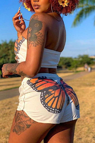 White Fashion Casual Butterfly Print Boot Tube Top Shorts Two Piece JC7059-1