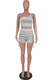 Grey Sleeveless One Shoulder Drawshing Ruffle Fashion Two Piece AMX6035-2