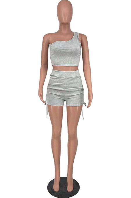 Grey Sleeveless One Shoulder Drawshing Ruffle Fashion Two Piece AMX6035-2