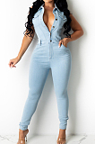 Light Blue Fashion Jeans Slim Fit Sleeveless Bondycon Jumpsuits JLX6085-1
