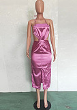 Purple Euramerican Sexy Satin Bind Halter Neck Dew Waist High Open Fork Dress BN9285-1