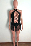 Black Sexy Weaving Two Wear Short Tassel Beach Skirts QZ4345-1