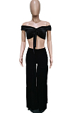 Black Euramerican Korea Velvet Pure Color Wide Legged Pants Sets BBN177-1