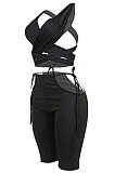 Black Women Pure Color Bandage Casaual Shorts Sets ED8501-1