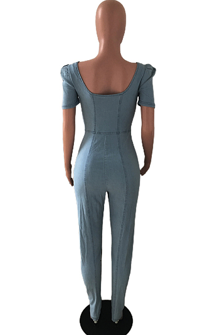 Light Blue Fashion Euramrican Jeans Slim Fit Puff Sleeve Jeans Jumpsuits JLX6086
