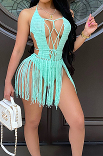 Green Sexy Weaving Two Wear Short Tassel Beach Skirts QZ4345-8