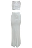 Women Pure Color Sleeveless Shirred Detail Top Fishtail Skirt Sets ED8505