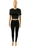 Black Collect Waist Short Sleeve Long Pants Sports Sets DMM8170-1