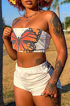 White Fashion Casual Butterfly Print Boot Tube Top Shorts Two Piece JC7059-1