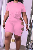 Pink Summer Short Sleeve Hollow Out Kink Shorts Sports Sets YYF8229-3