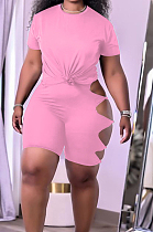 Pink Summer Short Sleeve Hollow Out Kink Shorts Sports Sets YYF8229-3
