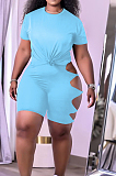 Sky Blue Summer Short Sleeve Hollow Out Kink Shorts Sports Sets YYF8229-7
