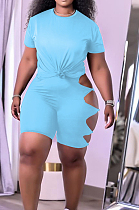 Sky Blue Summer Short Sleeve Hollow Out Kink Shorts Sports Sets YYF8229-7