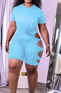Sky Blue Summer Short Sleeve Hollow Out Kink Shorts Sports Sets YYF8229-7