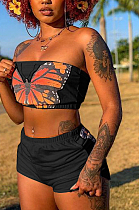 Black Fashion Casual Butterfly Print Boot Tube Top Shorts Two Piece JC7059-2