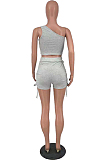 Grey Sleeveless One Shoulder Drawshing Ruffle Fashion Two Piece AMX6035-2