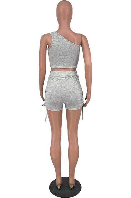 Grey Sleeveless One Shoulder Drawshing Ruffle Fashion Two Piece AMX6035-2